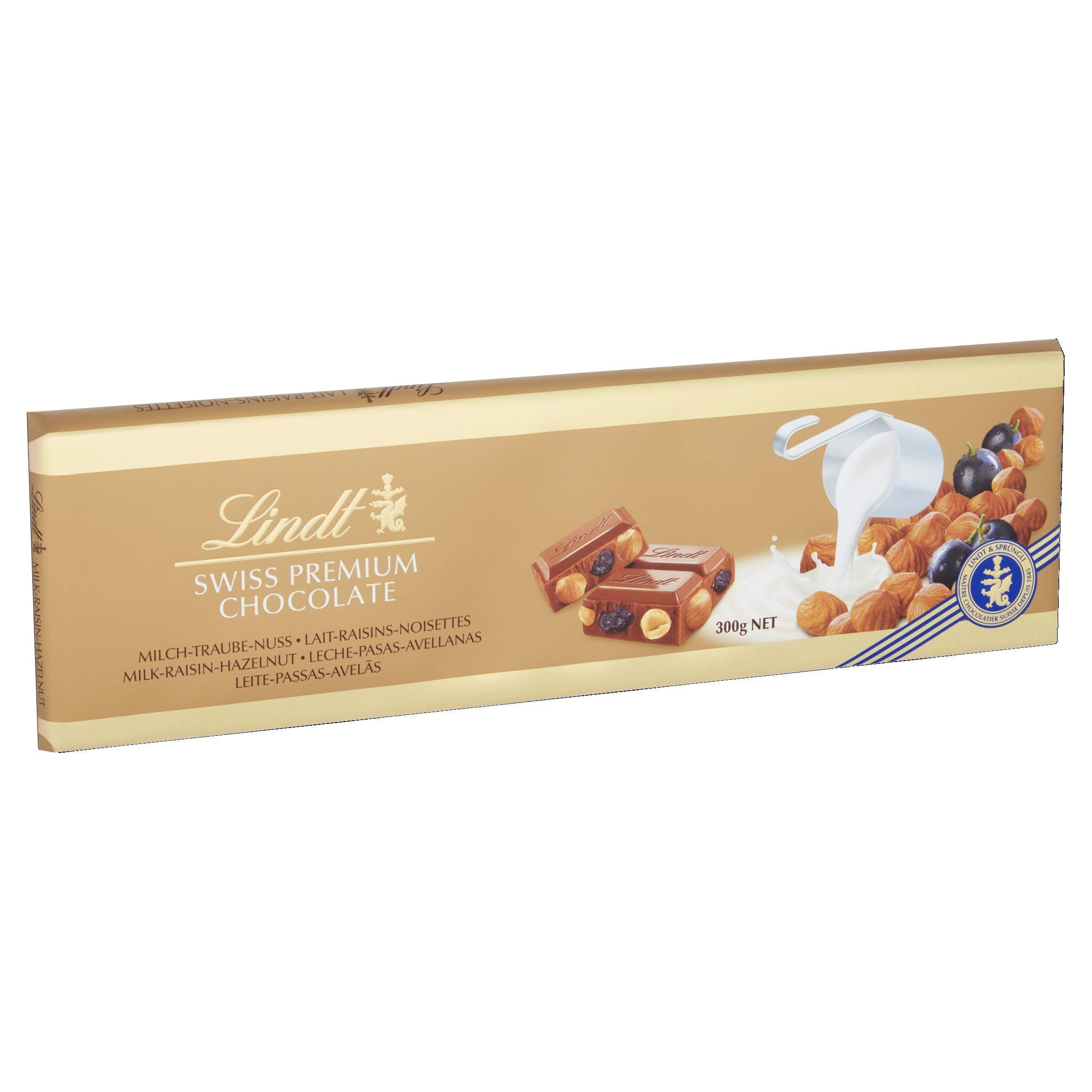 Lindt Swiss Premium Gold Milk Chocolate with Hazelnuts and Raisins Bar, 300 g