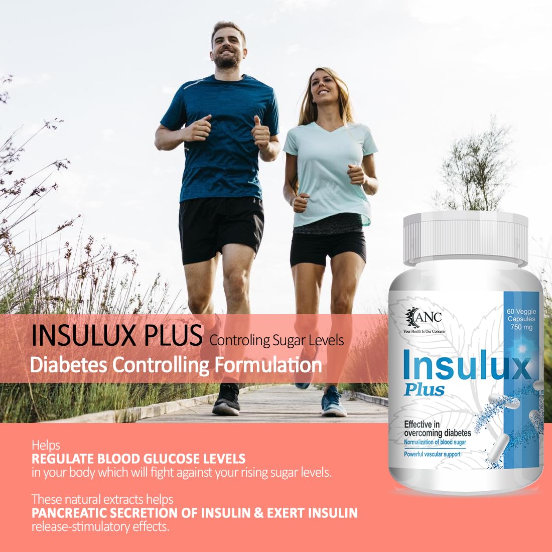 ANC Herbal Insulux Plus With Berberine and Milk Thistle for Diabetes Control 750mg 60 Capsules for Men and Women (Pack of 1)
