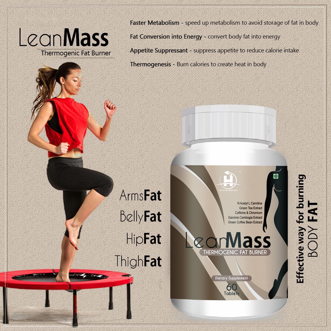 Healthy Nutrition Lean Mass Fat Burner for Men & Women with Green tea Extract, Garcinia Cambogia, Grromium | Weight & Fat loss supplement - 60 Tablets