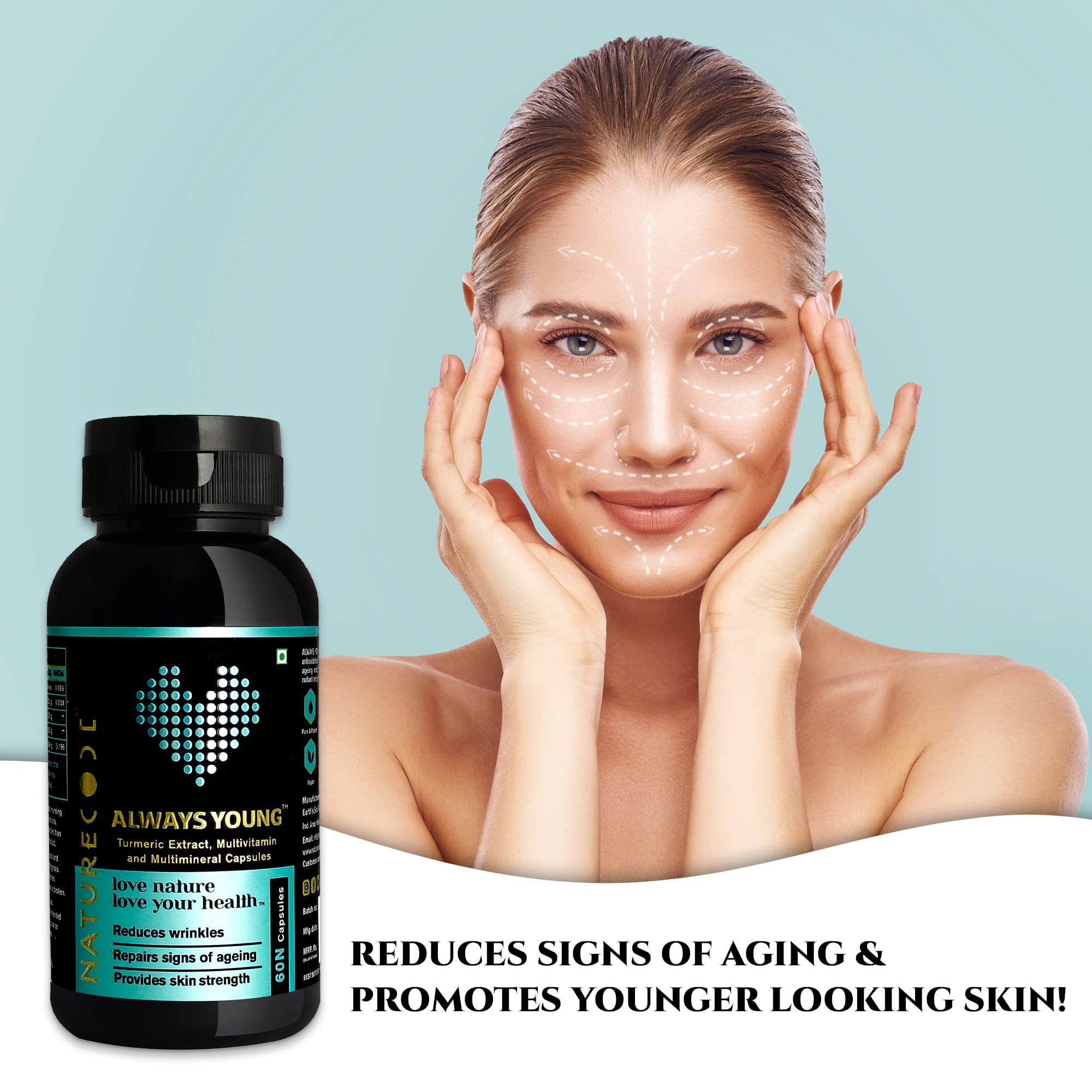 Nature Code Always Young Capsule for Anti-Ageing, Reduces Wrinkle,Glowing Skin & Provide Skin Streng, C, E and Biotin For Men & Women- 60 Veg Capsules
