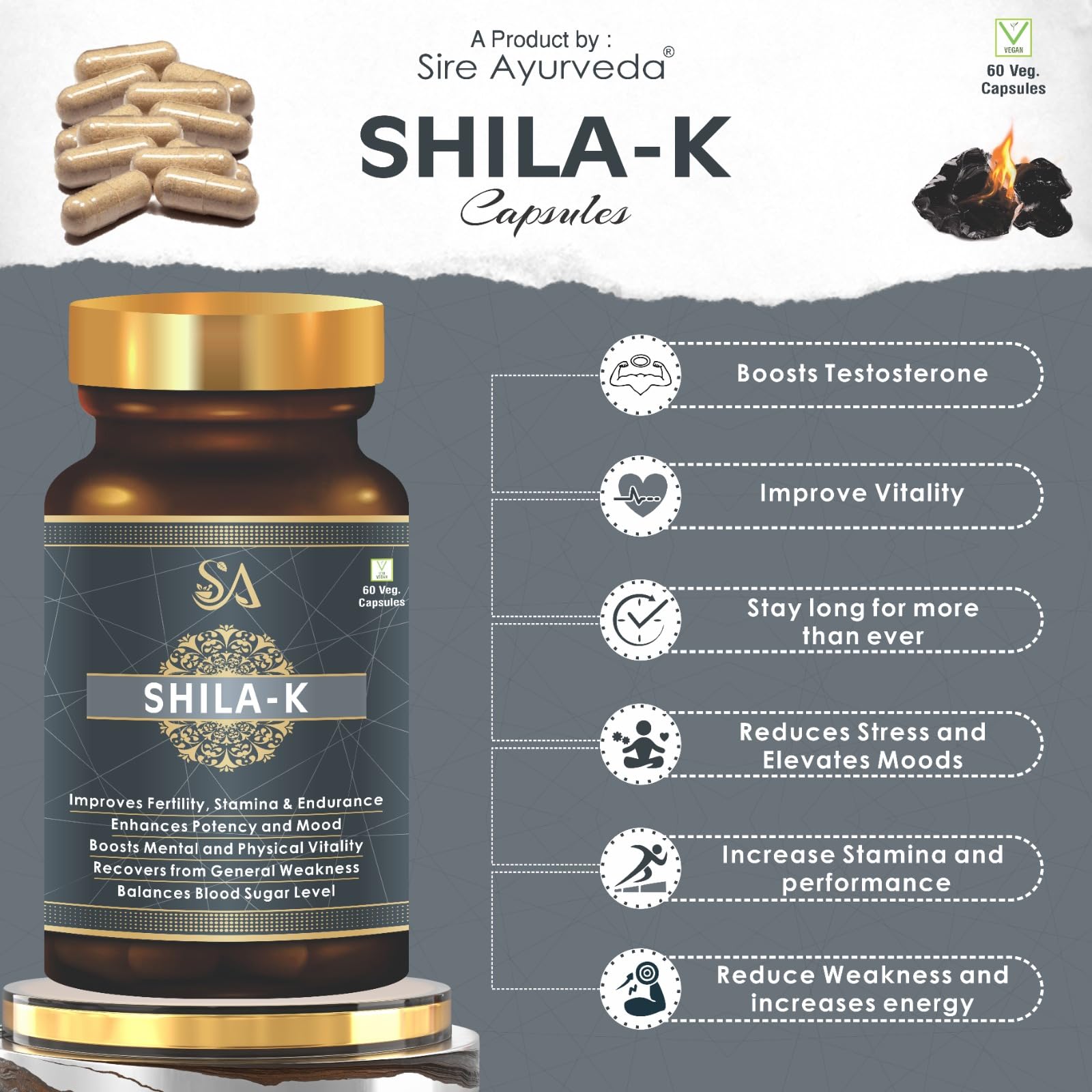 Sire Ayurveda Shila-k 60 Shilajit Capsules | Vegetarian Shilajeet - Power, Strength, Stamina Booster Supplements for Men