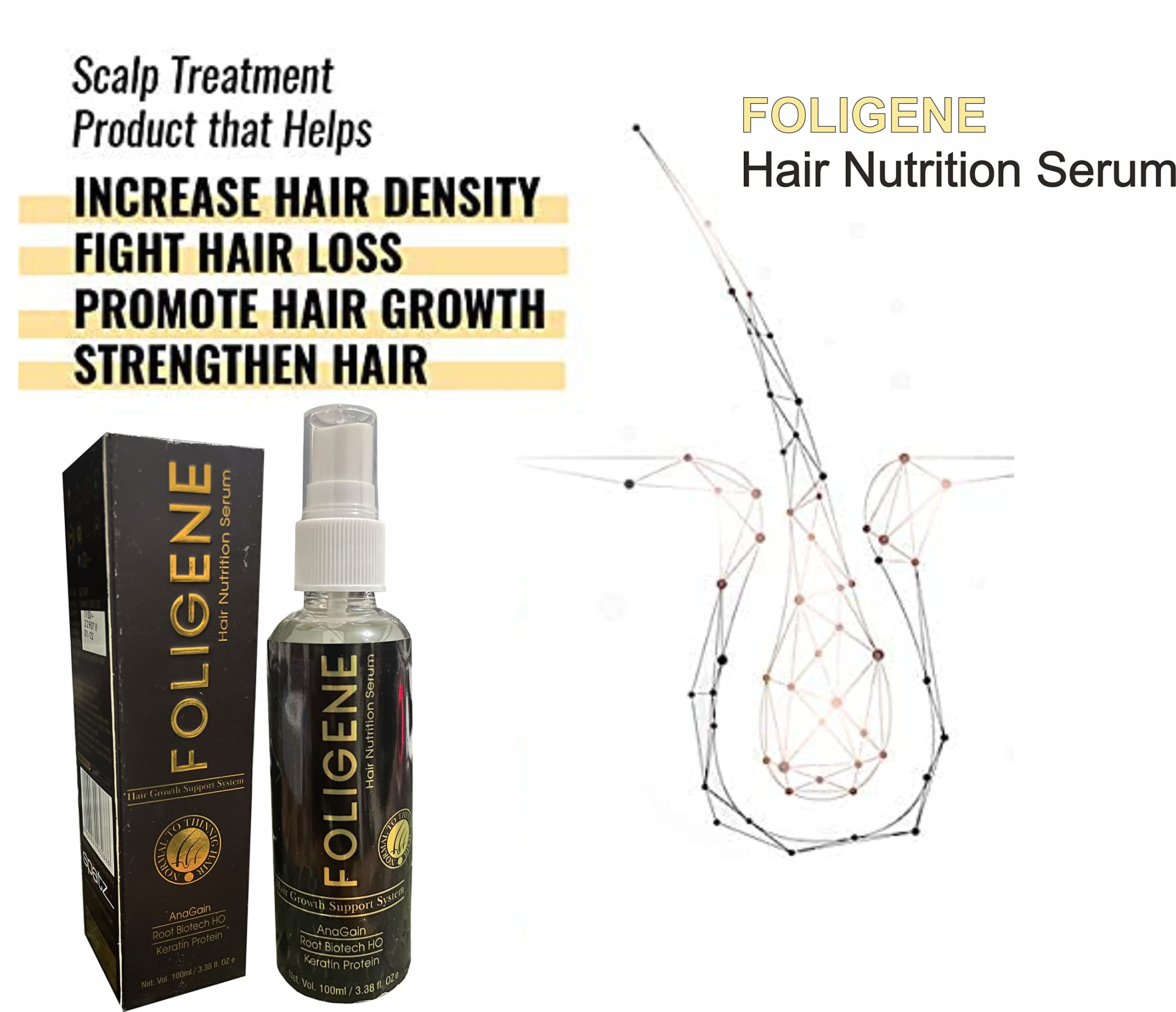 Rotex Foligene Hair Nutrition Serum I Hair Growth Support Systeam I Boosts hair growth, Prevents haih Anagain, Root Biotech HO, Keratin Protein 100 ml