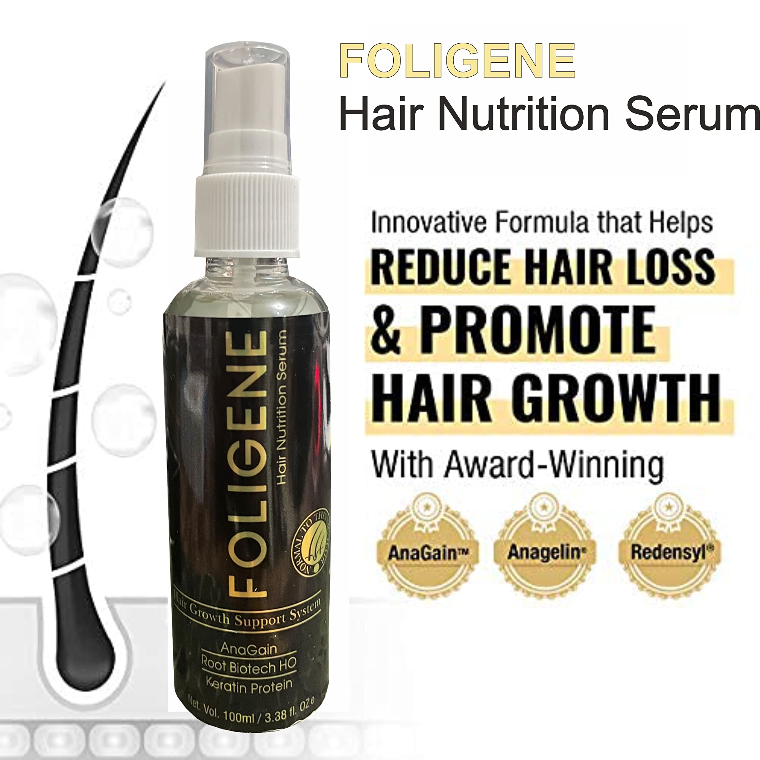 Rotex Foligene Hair Nutrition Serum I Hair Growth Support Systeam I Boosts hair growth, Prevents haih Anagain, Root Biotech HO, Keratin Protein 100 ml