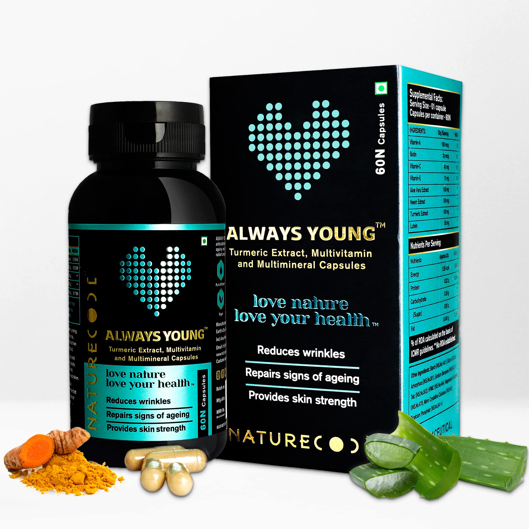 Nature Code Always Young Capsule for Anti-Ageing, Reduces Wrinkle,Glowing Skin & Provide Skin Streng, C, E and Biotin For Men & Women- 60 Veg Capsules