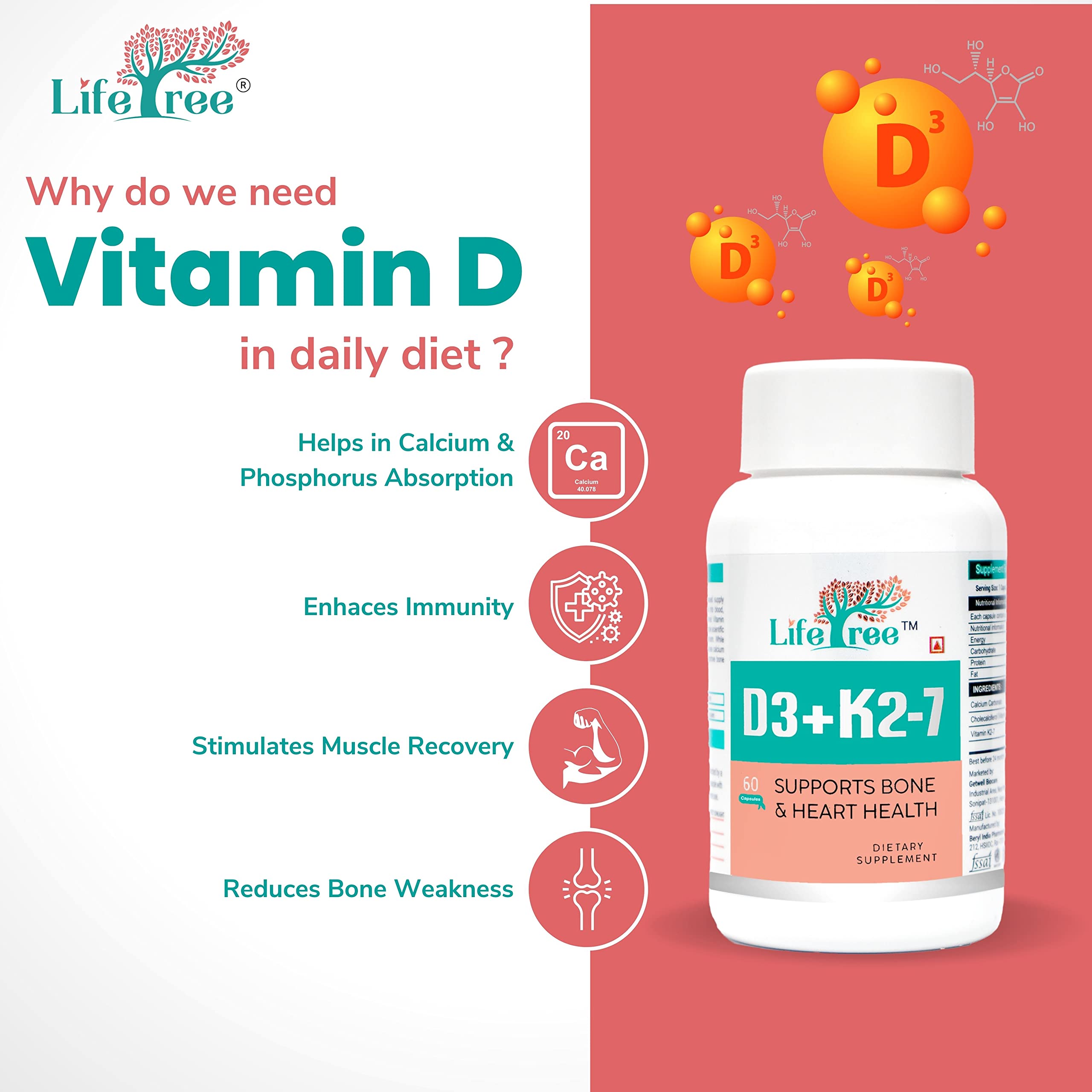 LifeTree D3+K2-7 Supplement | Supports Stronger Immunity & Bone & Heart Health | Healthy Heart For Men And Women - 60 Veg Capsule (Pack of 1)