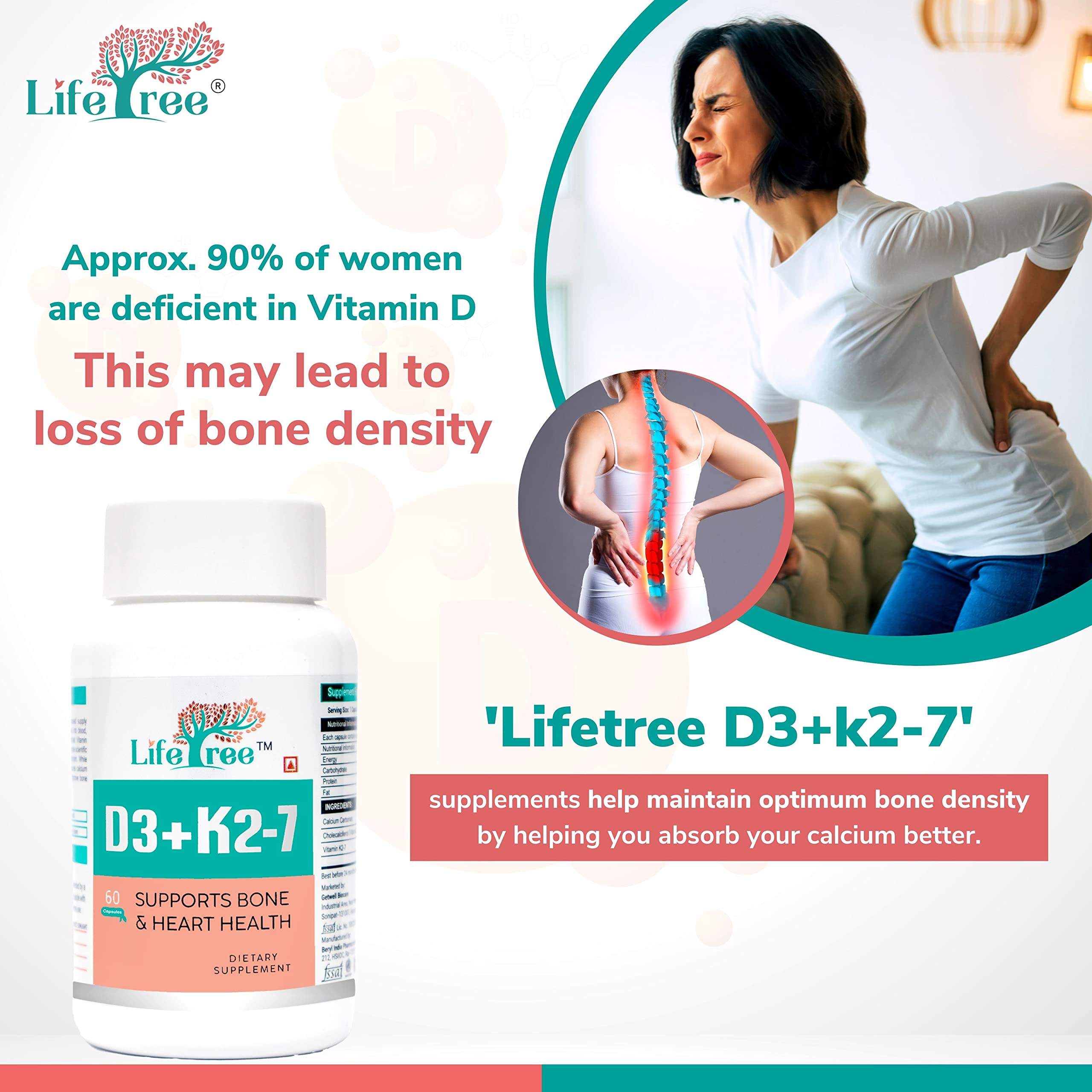 LifeTree D3+K2-7 Supplement | Supports Stronger Immunity & Bone & Heart Health | Healthy Heart For Men And Women - 60 Veg Capsule (Pack of 1)