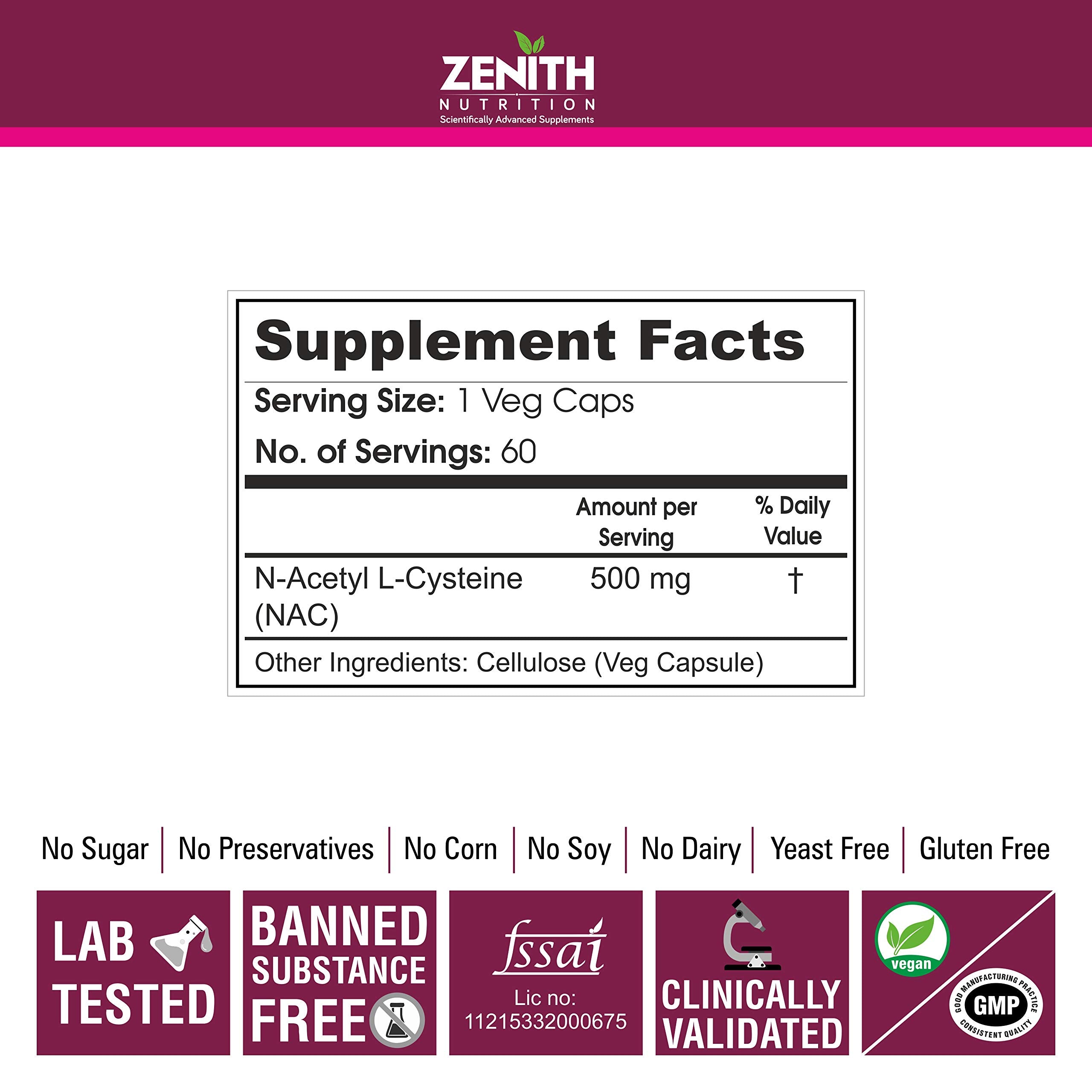 Zenith Nutrition NAC (N-Acetyl L-Cysteine) Lungs & Respiratory Support | Liver & Antioxidant Support 500mg - 60 Veg Capsules