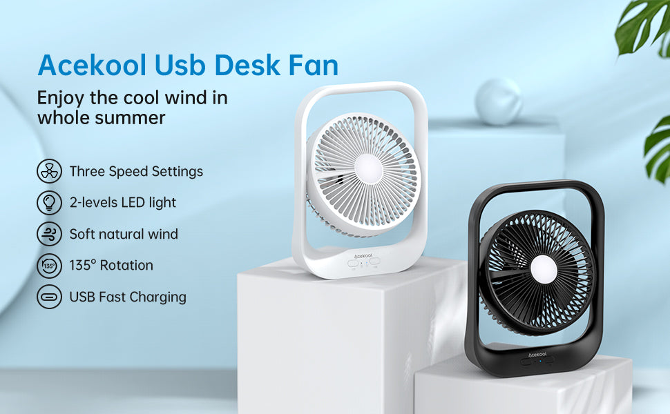 ACEKOOL Fan ND2 Rechargeable Desk Fan with Night Light - Black