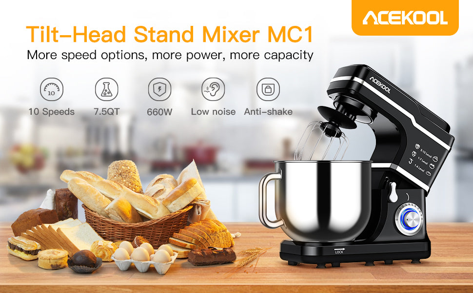 Acekool Mixer MC1 7.5 Quart 10 Speeds Tilt-Head Stand Mixer