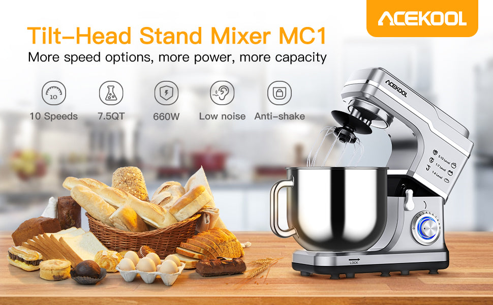 Acekool Mixer MC1 7.5 Quart 10 Speeds Tilt-Head Stand Mixer