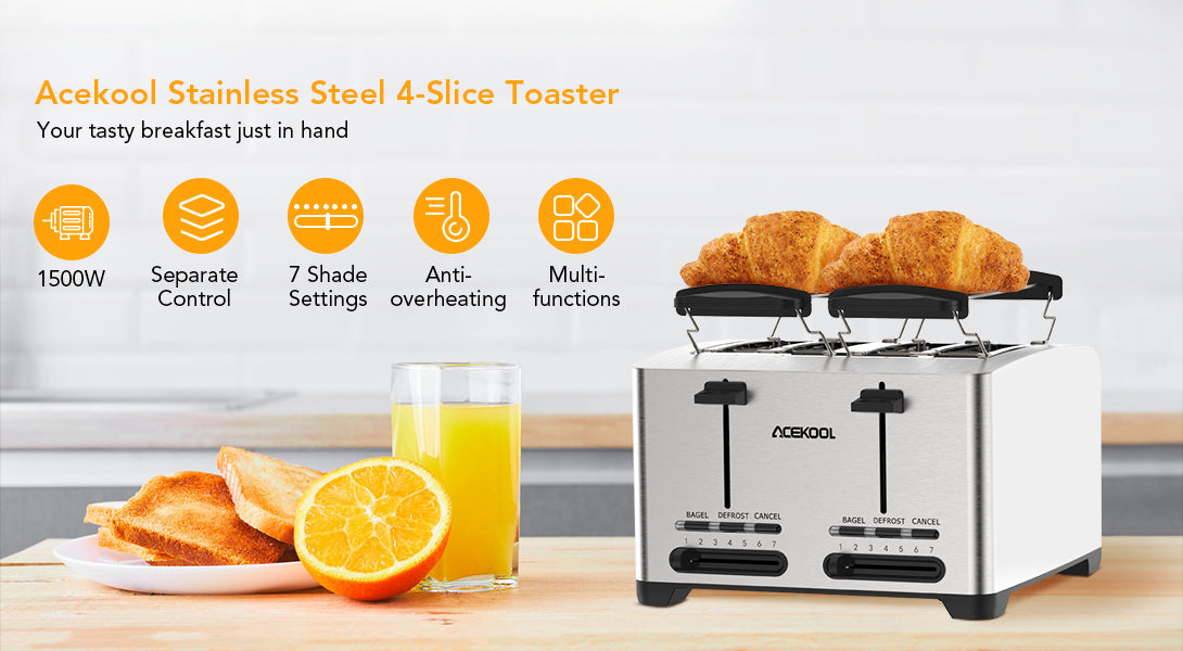 Acekool Toaster TA1 Stainless Steel 4-Slice 7 Shades Toaster
