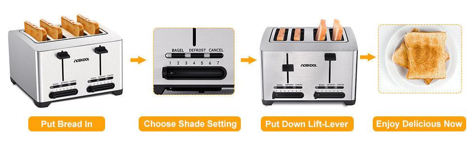 Acekool Toaster TA1 Stainless Steel 4-Slice 7 Shades Toaster