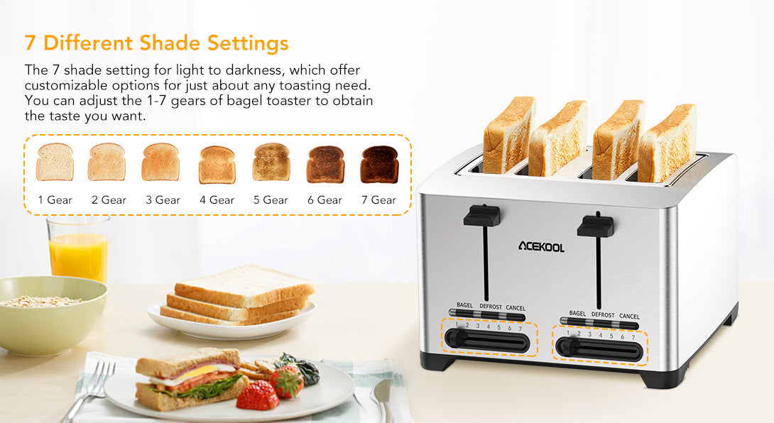 Acekool Toaster TA1 Stainless Steel 4-Slice 7 Shades Toaster