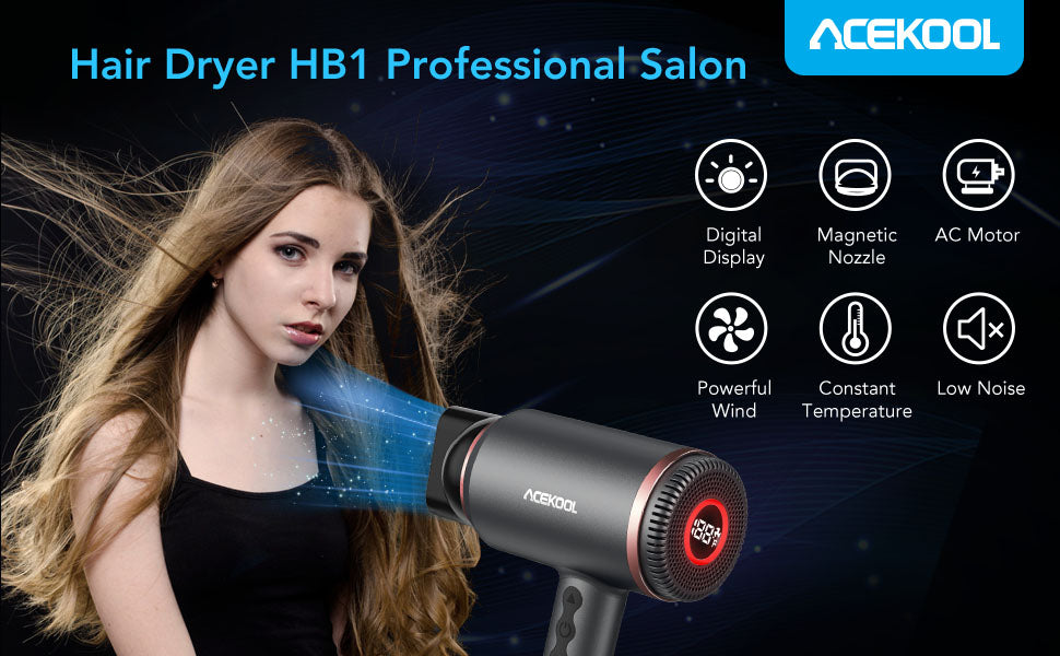 ACEKOOL Travel Hair Dryer HB1 LED Display 1500W Compact Hairdryer ACEKOOL Travel Hair Dryer HB1 LED Display 1500W Compact Hairdryer