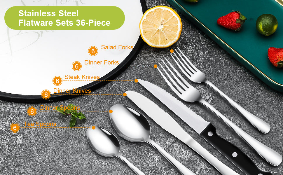 CIBEAT 36 Piece S592 Stainless Steel Silverware Set with Steak Knives