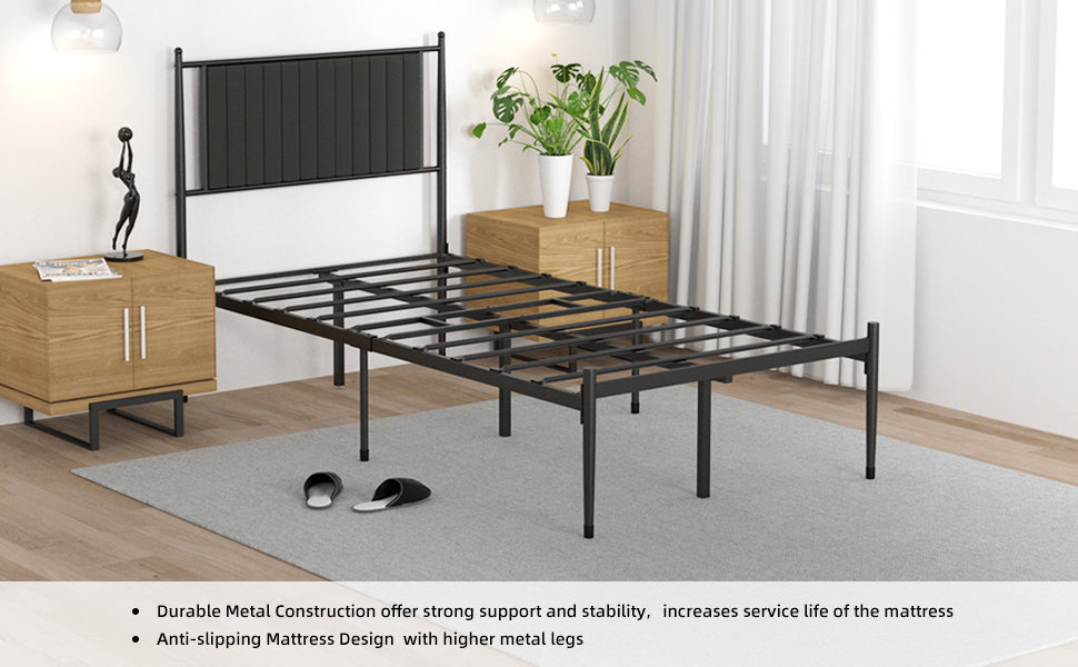 IDEALHOUSE Twin Size Metal Platform Bed Frame with Upholstered Headboard