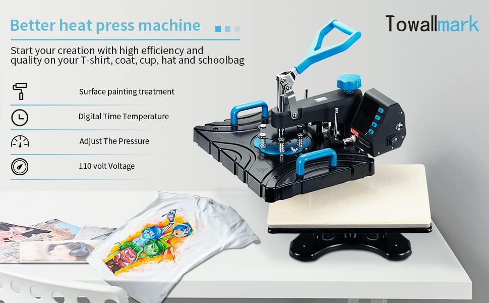 TOWALLMARK 5-in-1 Heat Press Machine Professional Swing Away Heat Transfer