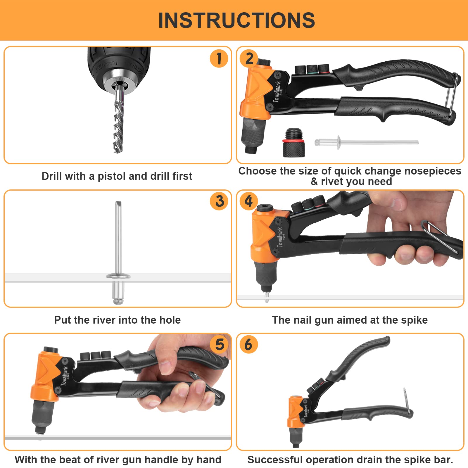 TOWALLMARK Pop Rivet Gun Tool with 200Pcs Rivets Kit for Metal Plastic