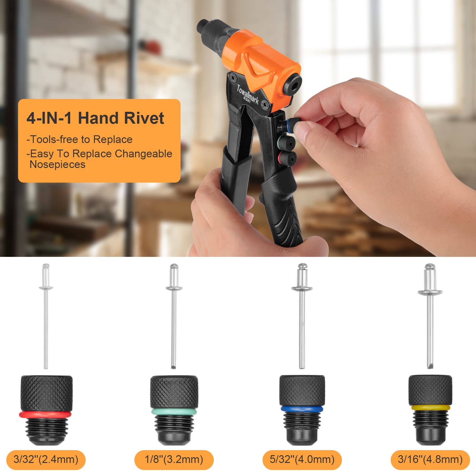 TOWALLMARK Pop Rivet Gun Tool with 200Pcs Rivets Kit for Metal Plastic TOWALLMARK Pop Rivet Gun Tool with 200Pcs Rivets Kit for Metal Plastic