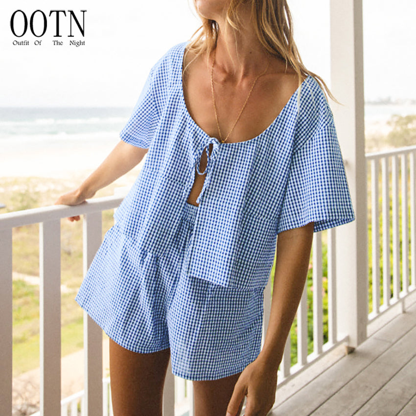 Round Neck and Short Blue Plaid Set