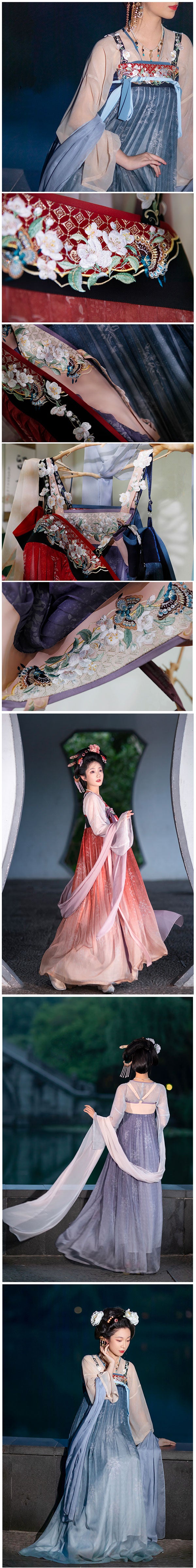 En attente tranquillement des fleurs – Robe longue poitrine inspirée de la dynastie Tang, ensemble jupe Hanfu