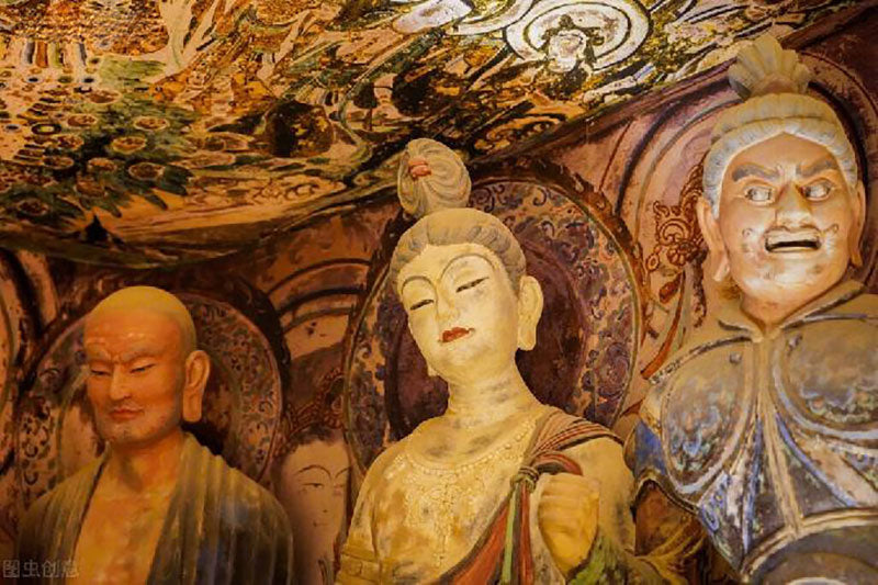 The Dunhuang Mogao Grottoes, also known as the Thousand Buddha Caves, are located within Dunhuang City in Gansu Province, China
