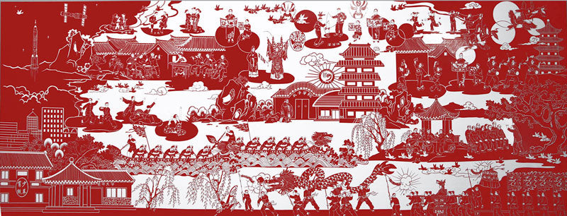 The artwork 'In the Spring' by paper-cut artist Gao Shaoping depicts a panoramic view of spring activities, symbolizing favorable weather, national prosperity, and social harmony.