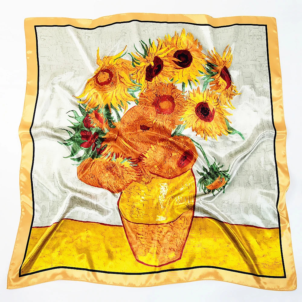 90cmHot Sale Spring Van Gogh Classic Series Oil Painting Vase Sunflower Lady Decoration Simulation Silk Scarf Large Square Scarf