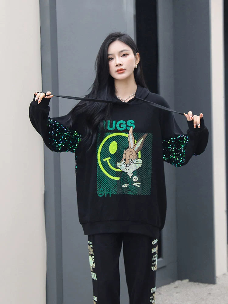 Fashion Slimming Youthful-Looking Rhinestone Green Sequined Sweater