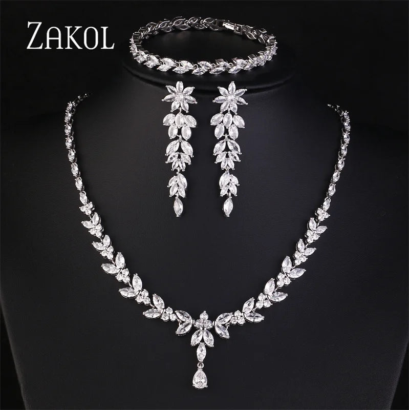 ZAKOL Luxury Cubic Zirconia Necklace Earrings Rings Set for Women Shinny Water Drop Leaf CZ Bridal Wedding Jewelry Sets