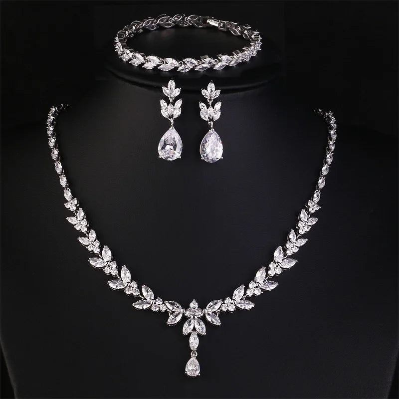ZAKOL Luxury Cubic Zirconia Necklace Earrings Rings Set for Women Shinny Water Drop Leaf CZ Bridal Wedding Jewelry Sets
