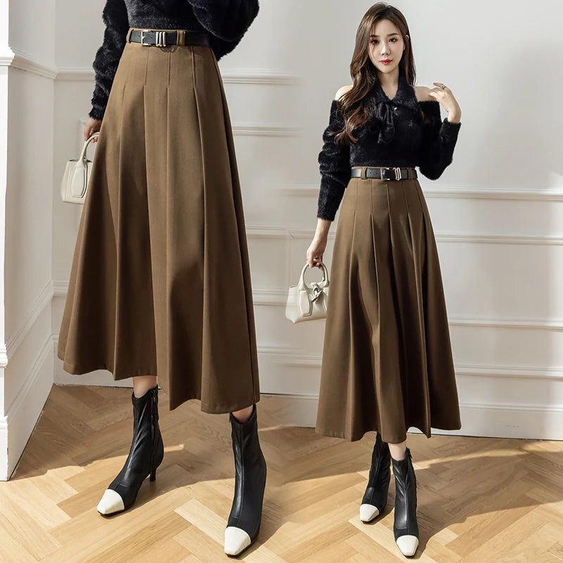 Ladies Elegant Large Hem Pleated Long Skirt Women Spring Autumn Winter Korean Style Chic Casual Faldas Largas Cheap Wholesale