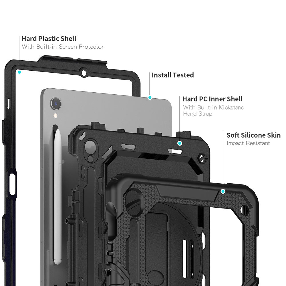 GEN-SS-X710 | Samsung Galaxy Tab S9 FE SM-X510 X516 X518 | Rainproof military grade rugged case with hand strap and kick-stand