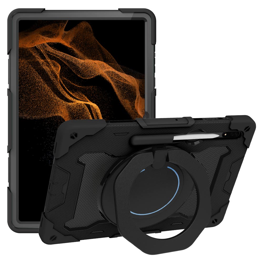 NON-SS-X900 | Samsung Galaxy Tab S8 Ultra SM-X900 / X906 | Rugged Case with Kick-Stand & Folding Grip & Pencil Holder