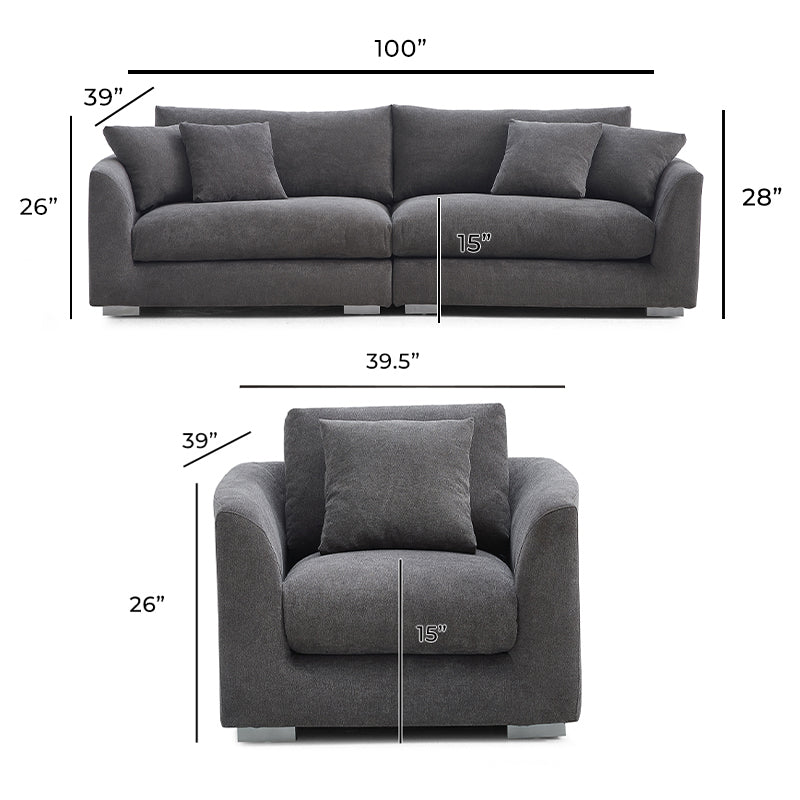 Aalto Boutique Grey Polyester Feathers Loveseat and Ottoman