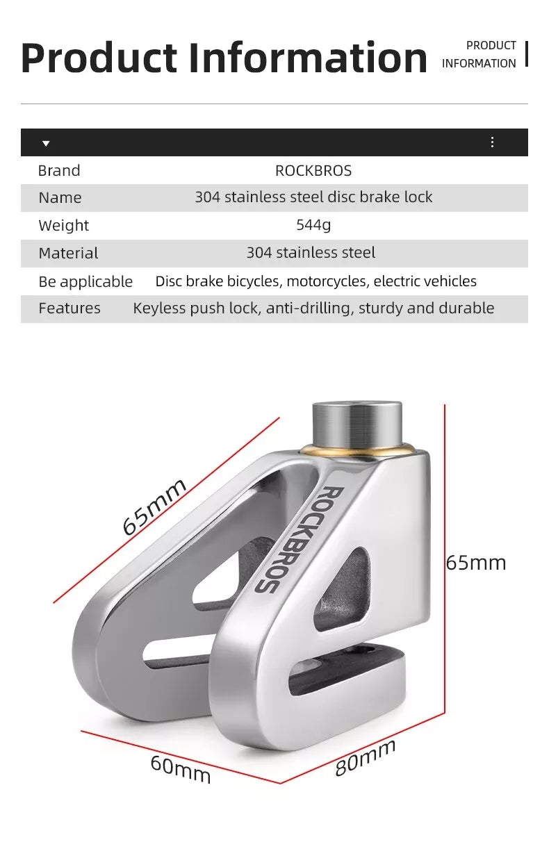 ROCKBROS Motorcycle Bicycle Disc Brake Lock 304 Stainless Steel Security Anti-Theft