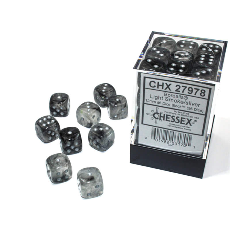 CHX27978 Light Smoke Borealis Dice Luminary Silver Pips D6 12mm (1/2in) Pack of 36
