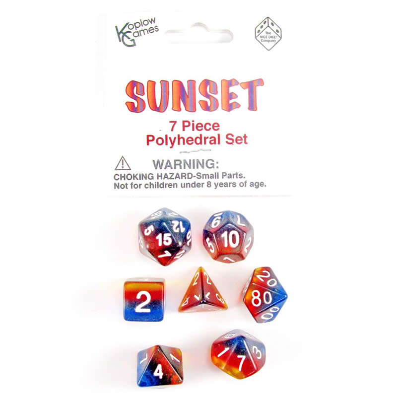 KOP19416 Sunset Layered Dice White Colored Numbers 16mm Set of 7