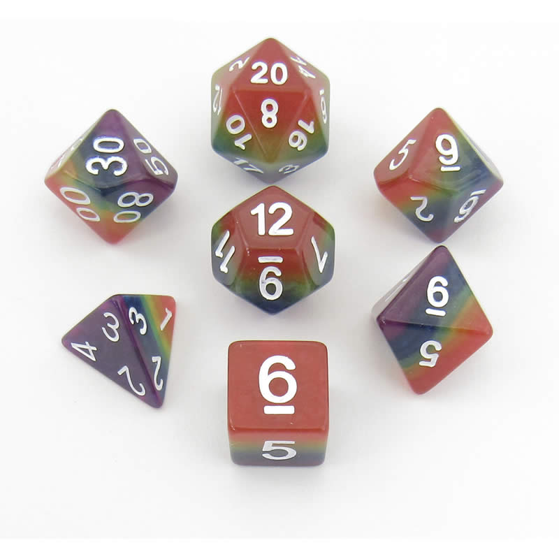 MET667 Rainbow with White Numbers Acrylic 7 Dice Set Metallic Dice Games