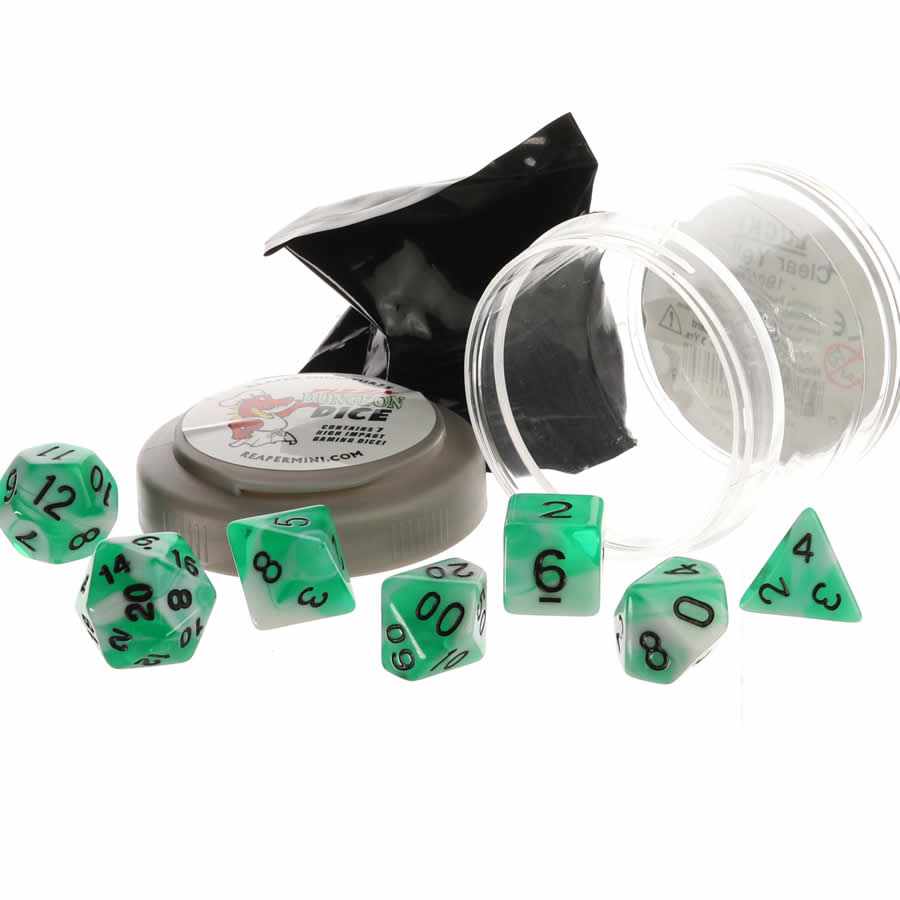 RPR19062 Teal and White Dual Color Dice Set 16mm (5/8 inch) Dungeon Dice with Random Miniature Included Reaper Miniatures