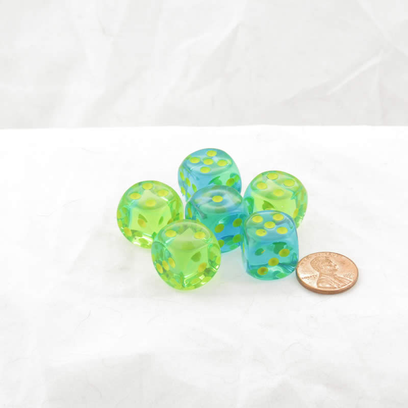 WCX26666E6 Green and Teal Gemini Translucent Dice Yellow Pips D6 16mm (5/8in) Pack of 6