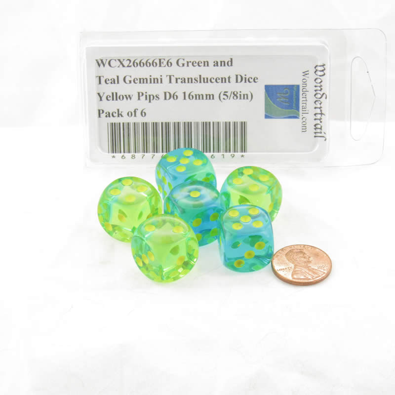 WCX26666E6 Green and Teal Gemini Translucent Dice Yellow Pips D6 16mm (5/8in) Pack of 6