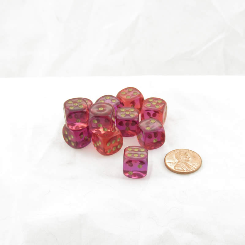 WCX26867E12 Red and Violet Gemini Translucent Dice Gold Pips D6 12mm (1/2in) Set of 12