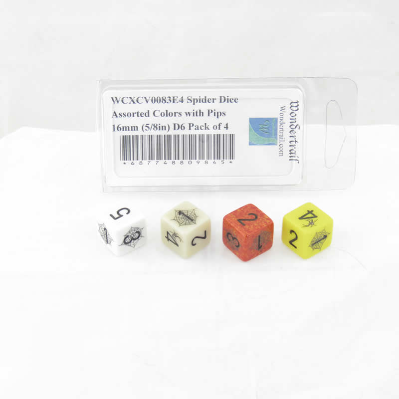WCXCV0083E4 Spider Dice Assorted Colors with Pips 16mm (5/8in) D6 Pack of 4