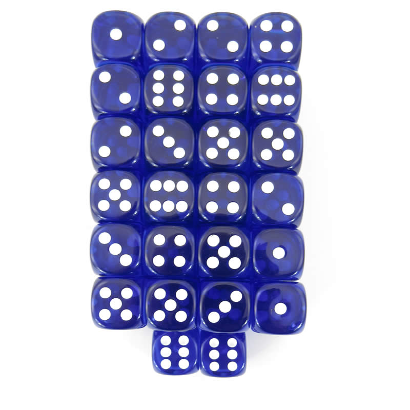 WCXDT1606E50 Blue Translucent Dice White Pips D6 16mm Pack of 50