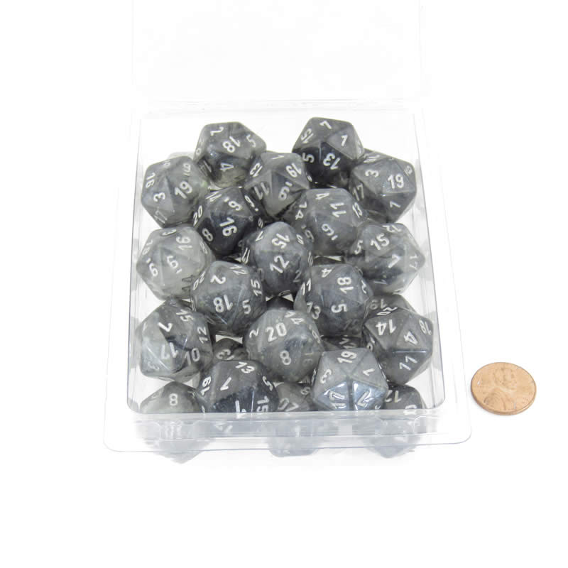 WCXPB2078E50 Light Smoke Borealis Dice Luminary Silver Numbers D20 Aprox 16mm (5/8in) Pack of 50