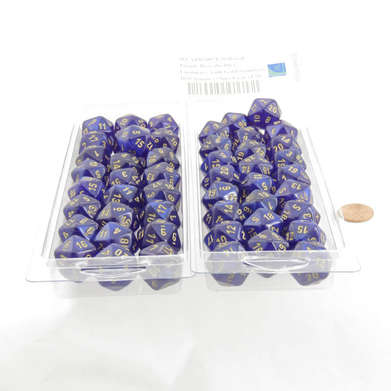 WCXPB2087E50 Royal Purple Borealis Dice Luminary with Gold Numbers D20 16mm (5/8in) Pack of 50