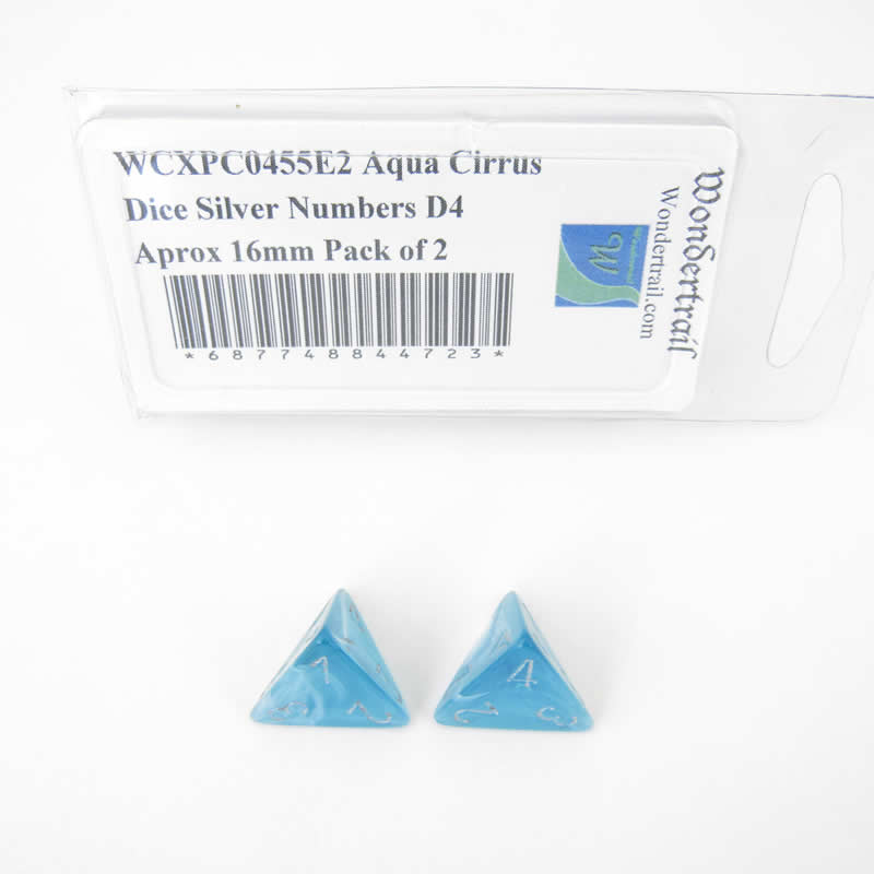 WCXPC0455E2 Aqua Cirrus Dice Silver Numbers D4 Aprox 16mm Pack of 2