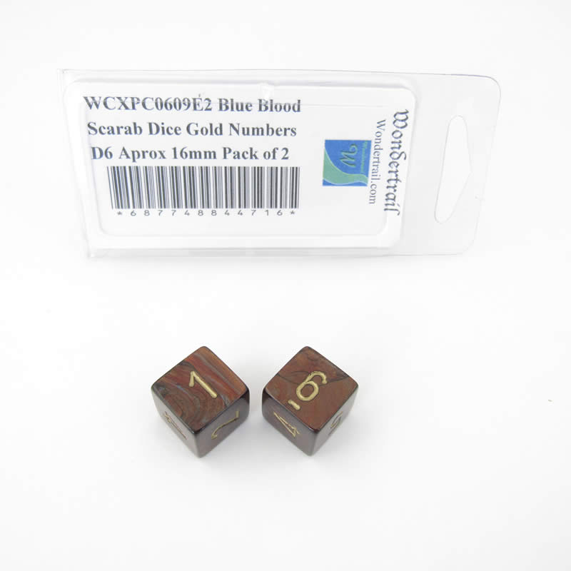 WCXPC0609E2 Blue Blood Scarab Dice Gold Numbers D6 Aprox 16mm Pack of 2