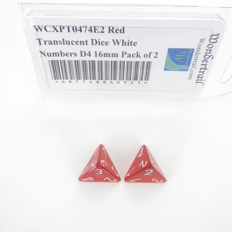 WCXPT0474E2 Red Translucent Dice White Numbers D4 16mm Pack of 2